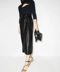 NANUSHKA Clothing Black 'Amas' Vegan Leather Wrap Around Midi Skirt