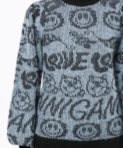 Ganni Blue 'Logo Smiley Balloon Sleeve Sweater'