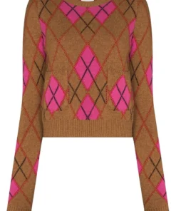 Ganni Brown And Pink ‘Argyle Check Fitted Sweater’