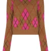 Ganni Brown And Pink ‘Argyle Check Fitted Sweater’
