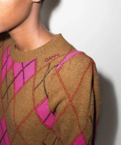 Ganni Brown And Pink ‘Argyle Check Fitted Sweater’