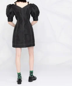 Ganni 'Contrasting Stitched Puff Sleeve Mini Dress'