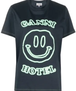 Ganni New In Dark Blue 'Smiley Hotel T-shirt'