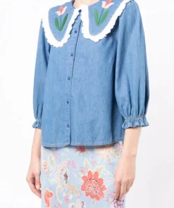 Rixo London Denim 'Davina' Tulip Embroidered Shirt