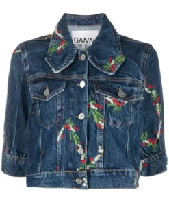 Ganni New In 'Floral Embroidered Cropped Denim Jacket'