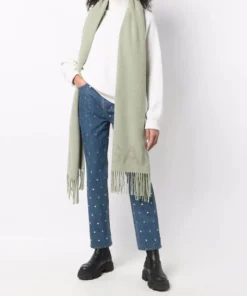 Ganni Khaki 'Wool Logo Fringed Scarf'