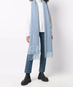 Ganni Blue 'Wool Logo Fringed Scarf'