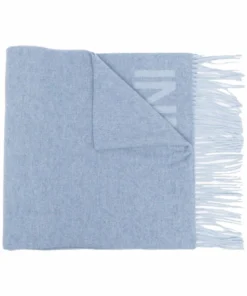 Ganni Blue 'Wool Logo Fringed Scarf'