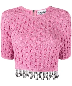 Ganni Pink ‘Smocked Satin Beaded Fringe Top’