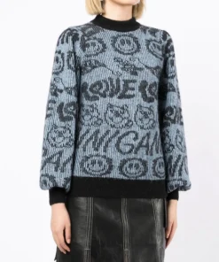 Ganni Blue 'Logo Smiley Balloon Sleeve Sweater'