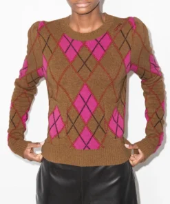 Ganni Brown And Pink ‘Argyle Check Fitted Sweater’