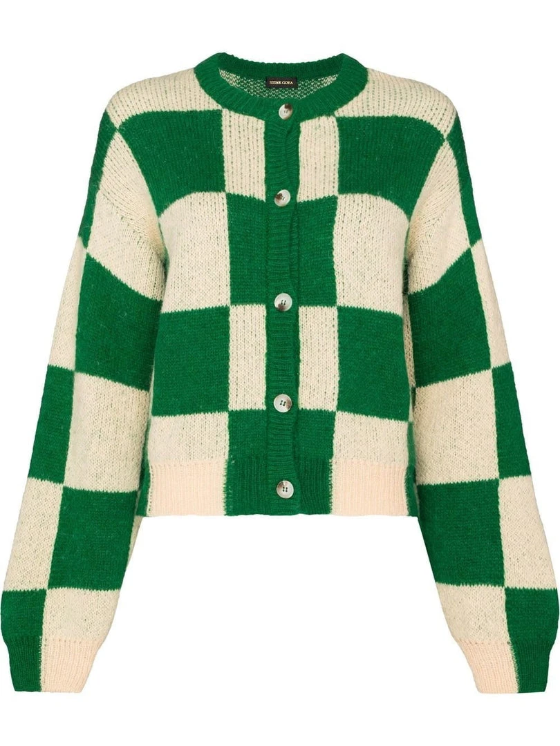 Stine Goya Green And Cream 'Ash' Checked Cardigan 3 Stine Goya Green And Cream 'Ash' Checked Cardigan