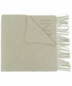 Ganni Khaki 'Wool Logo Fringed Scarf'