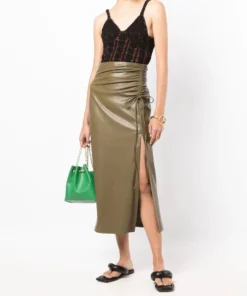 NANUSHKA Olive Green 'Malorie' Ruched Midi Skirt Clothing