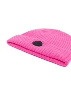 Moncler Pink 'Black Logo Patch Beanie'