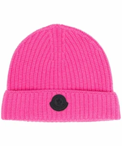 Moncler Pink 'Black Logo Patch Beanie'