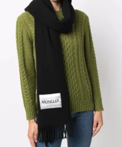 Moncler Black 'Fringed Horizontal Logo Patch Scarf'