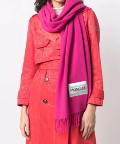 Moncler Hot Pink 'Fringed Horizontal Logo Patch Scarf'
