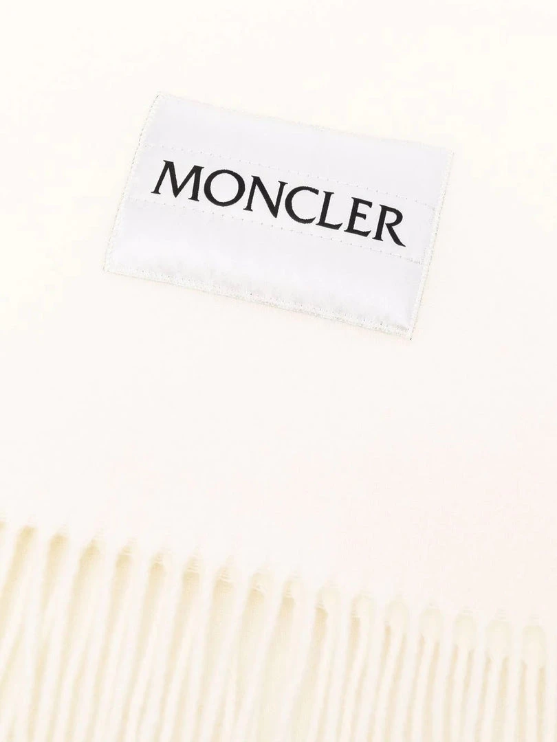 Moncler White 'Fringed Horizontal Logo Patch Scarf' 4 Moncler White 'Fringed Horizontal Logo Patch Scarf'