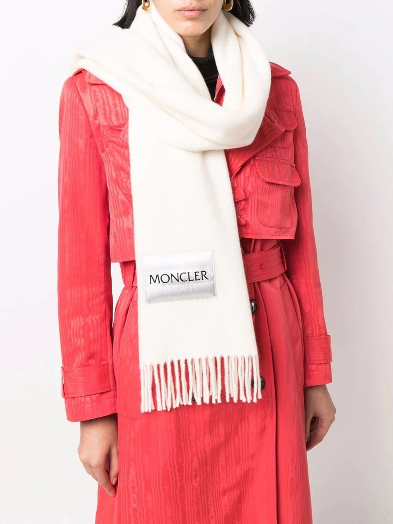 Moncler White 'Fringed Horizontal Logo Patch Scarf' 5 Moncler White 'Fringed Horizontal Logo Patch Scarf'