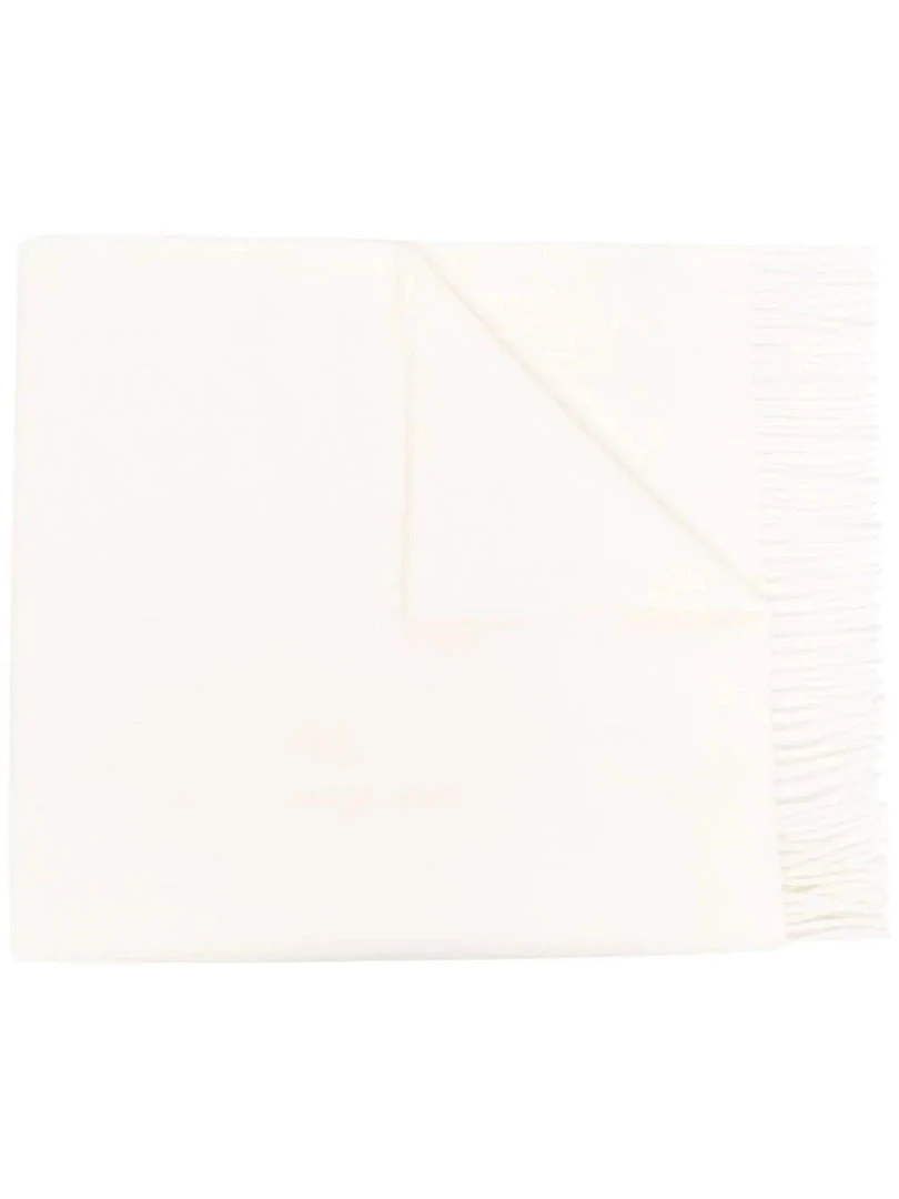 Moncler White 'Fringed Horizontal Logo Patch Scarf' 3 Moncler White 'Fringed Horizontal Logo Patch Scarf'