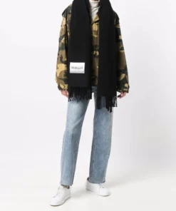 Moncler Black 'Fringed Logo Patch Scarf'