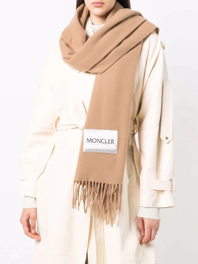 Moncler Camel 'Fringed Logo Patch Scarf' 4 Moncler Camel 'Fringed Logo Patch Scarf'