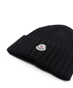 Moncler Black 'Ribbed Logo Beanie Hat'