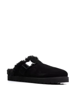 Moncler Black Faux Shearling Lined 'Mon Mule' Slides