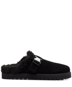 Moncler Black Faux Shearling Lined 'Mon Mule' Slides