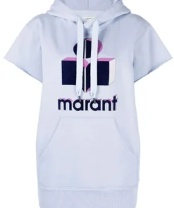 Isabel Marant Etoile Light Blue Oversized 'Milesy' Short Sleeve Logo Hoodie Clothing