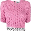Ganni Pink ‘Smocked Satin Beaded Fringe Top’