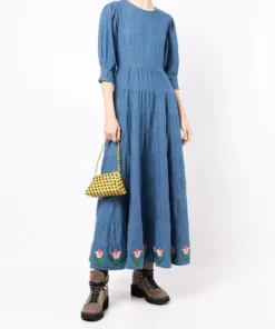Rixo London ‘Kristen’ Tulip Embroidered Denim Midaxi Dress