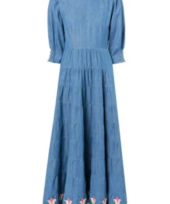 Rixo London ‘Kristen’ Tulip Embroidered Denim Midaxi Dress