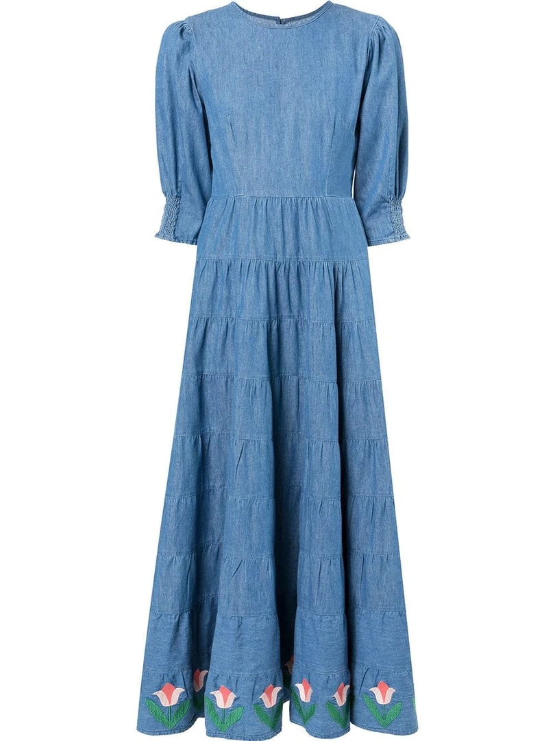 Rixo London ‘Kristen’ Tulip Embroidered Denim Midaxi Dress 3 Rixo London ‘Kristen’ Tulip Embroidered Denim Midaxi Dress