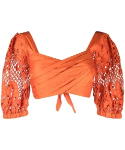 Self Portrait Orange ‘Embroidered Puff Sleeve Crop Top’