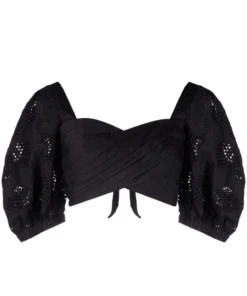 Self Portrait Black ‘Embroidered Puff Sleeve Crop Top’ Clothing