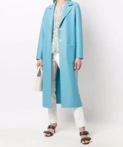 Harris Wharf London Clothing Blue 'Single Breasted Side Slit Long Midi Coat'