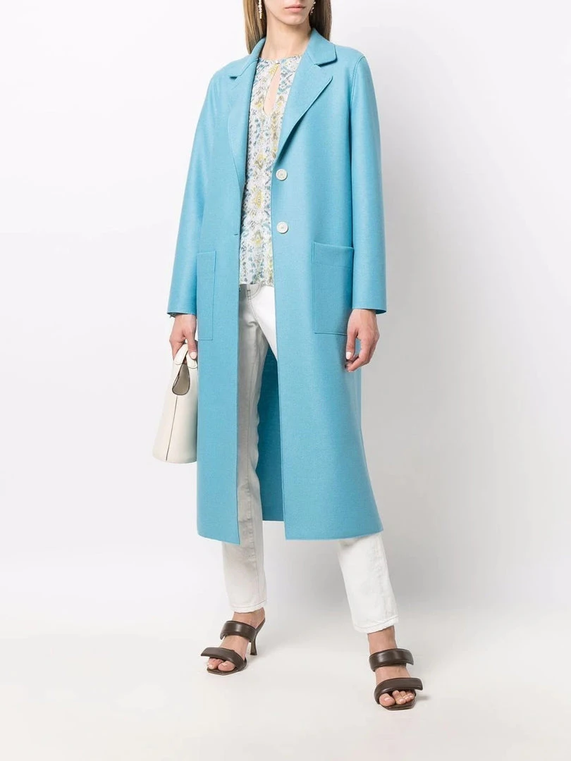 Harris Wharf London Clothing Blue 'Single Breasted Side Slit Long Midi Coat' 4 Harris Wharf London Clothing Blue 'Single Breasted Side Slit Long Midi Coat'