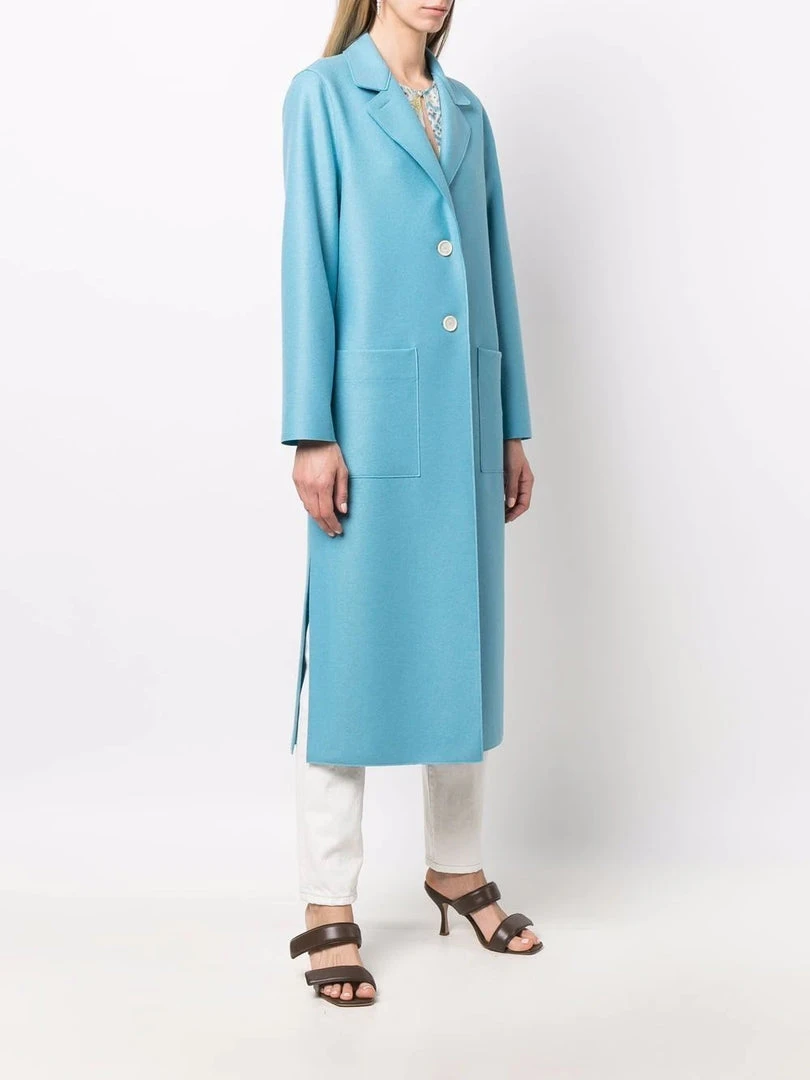 Harris Wharf London Clothing Blue 'Single Breasted Side Slit Long Midi Coat' 5 Harris Wharf London Clothing Blue 'Single Breasted Side Slit Long Midi Coat'