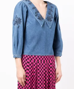Rixo London 'Willa' Embroidered Denim Blouse